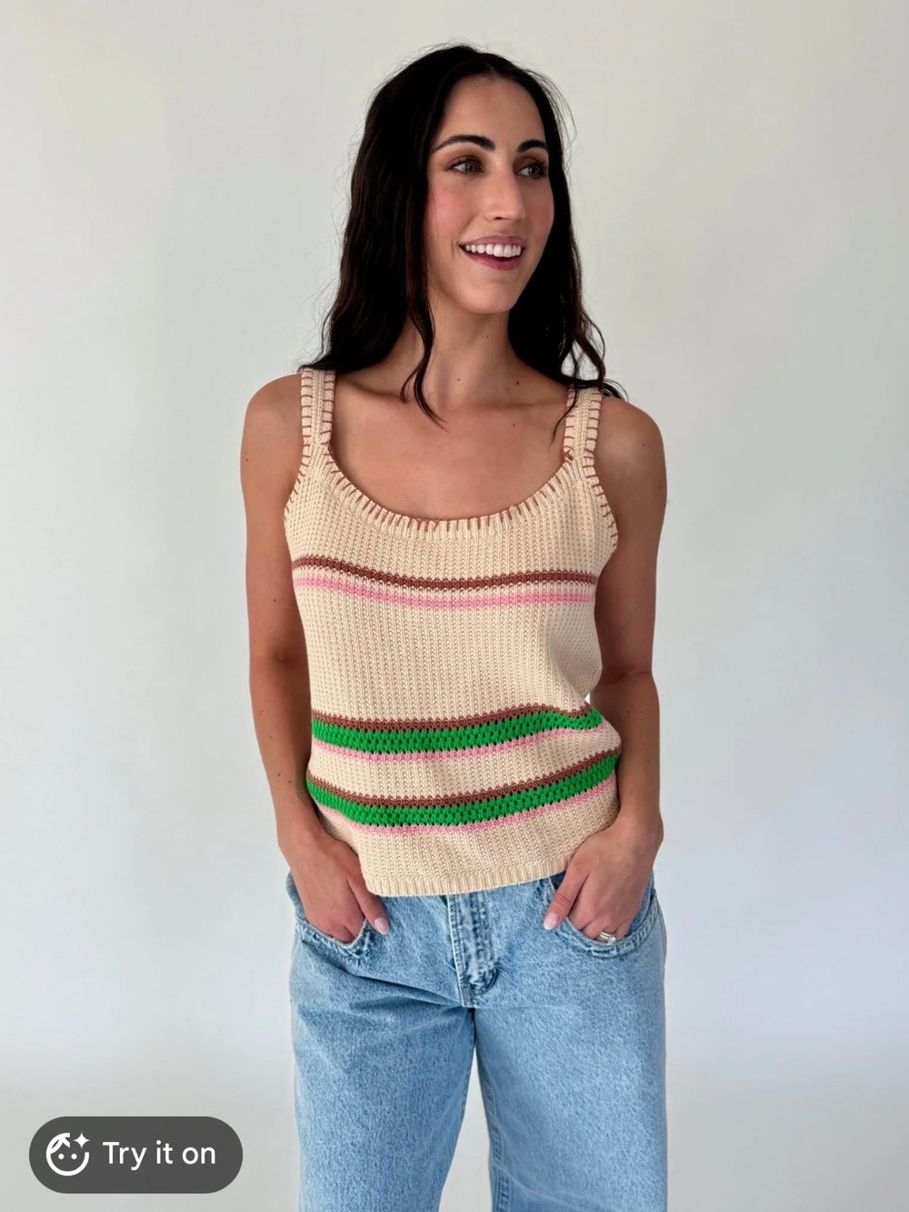 Wishlist Multi-Color Natural Striped Crochet Sweater Tank Medium Boho Beachy